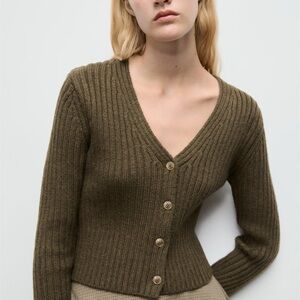 Mango V-Neck Rib Cardigan in green